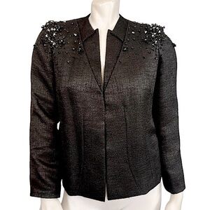 MIRELLA CAVORSO Italy Woven Black Silk Bead Rhinestone Encrusted Blazer Jacket
